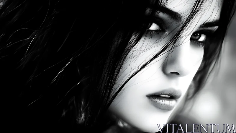 Monochrome portrait captures intense, cinematic female gaze.