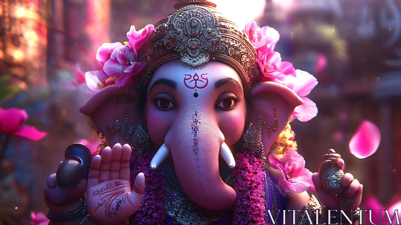 Blossom-crowned Ganesha bathed in luminous temple calm.