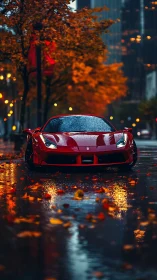Red supercar glows on rain slick city street at dusk.