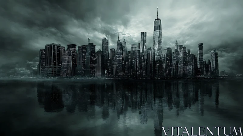 Storm-lit skyline broods while mirrored towers haunt the bay