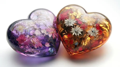 Twin resin hearts with encased floral specimens and iridescent light refraction