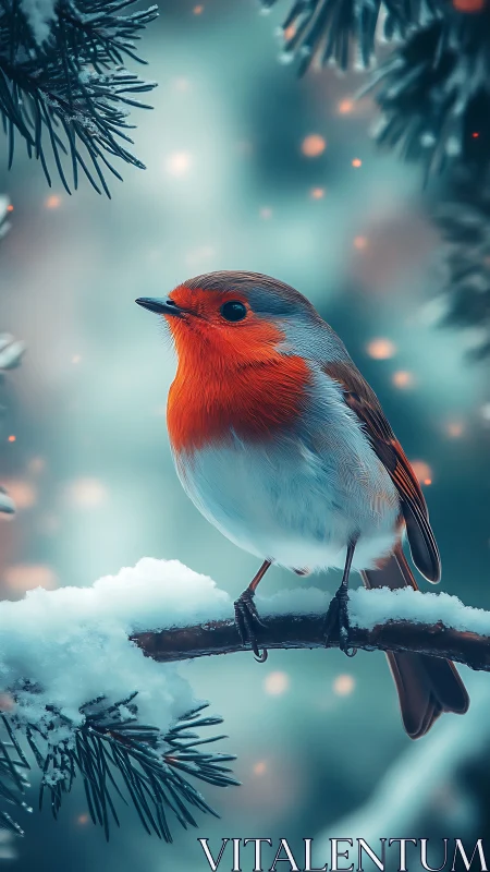 Winter robin rests on snowy branch in soft teal glow
