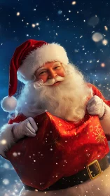 Santa Claus holding red gift sack in falling snow.