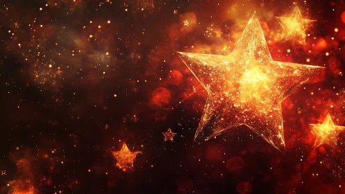 Glowing star-shaped forms occupy a dense orange nebular field