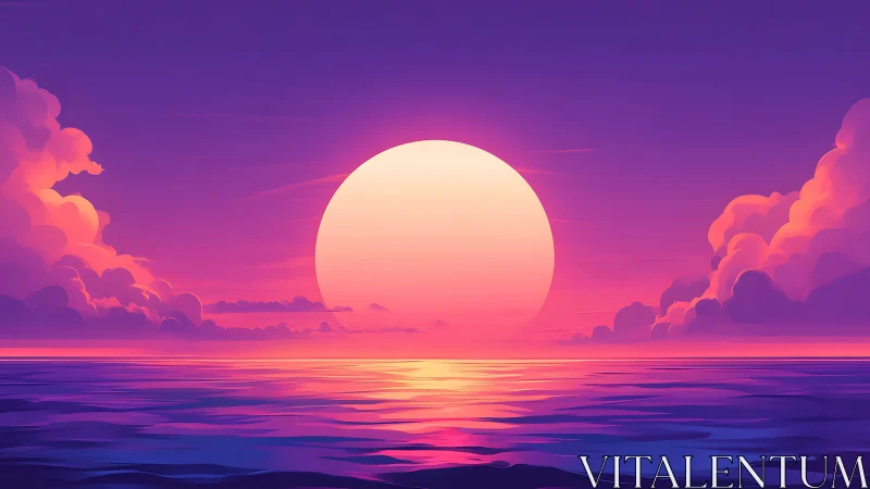 Radiant stylized sunset sphere dominates neon-tinted seascape