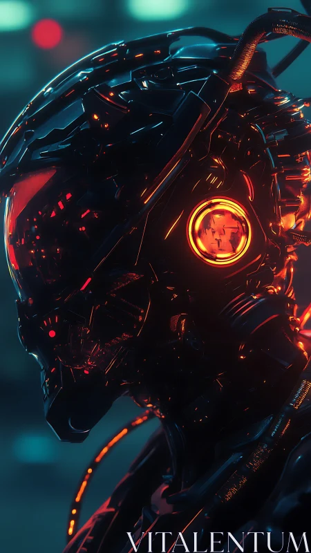 Futuristic cybernetic helmet with illuminated visor in profile