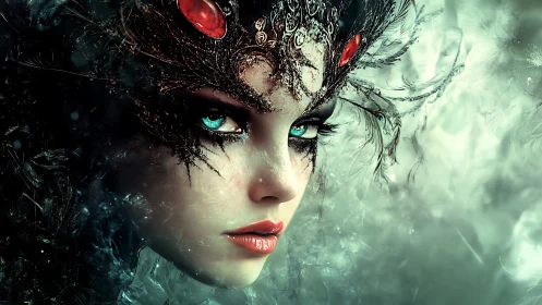 Enchanted ice queen portrait with jeweled feathered crown.