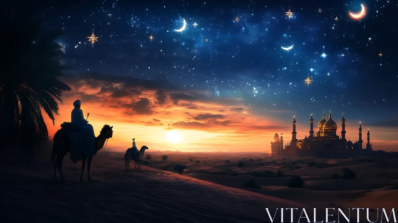 Riders on camels approach glowing desert palace at dusk.