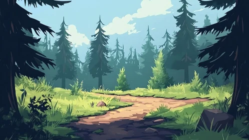 Woodland clearing with coniferous forest landscape