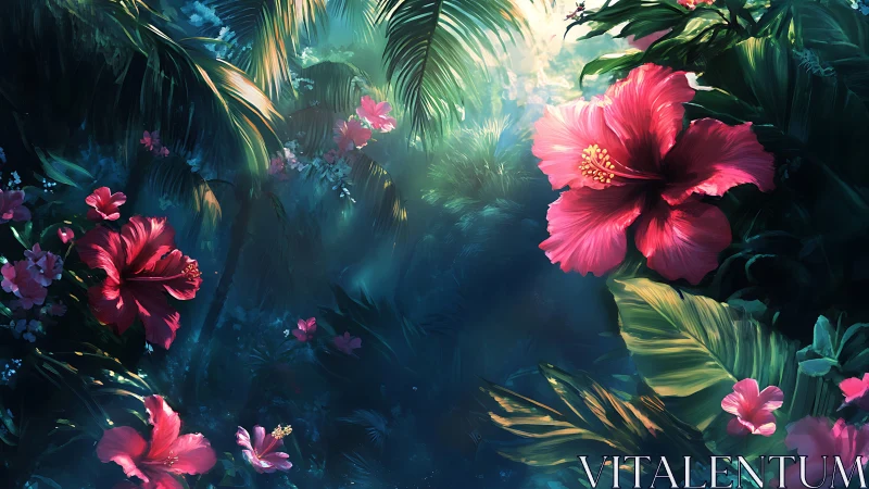 Luminous Hibiscus Garden Blooming in Mystical Tropical Light
