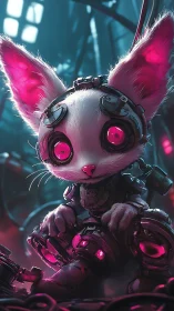 Cybernetic neon kitten stares wide-eyed in glowing lab.