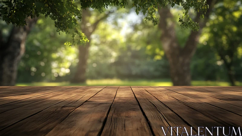 Sunlit wooden terrace with blurred green garden backdrop.