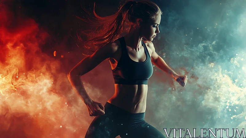 Athletic woman runs through fire and ice colored smoke