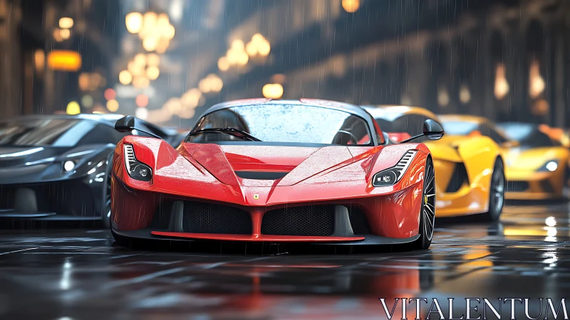 Red hypercar leads wet city street lineup under rain