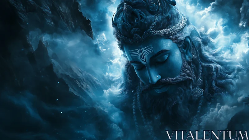 Divine blue deity portrait in swirling celestial clouds.