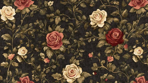 Textile-style rose lattice on dark ground with tonal aging.