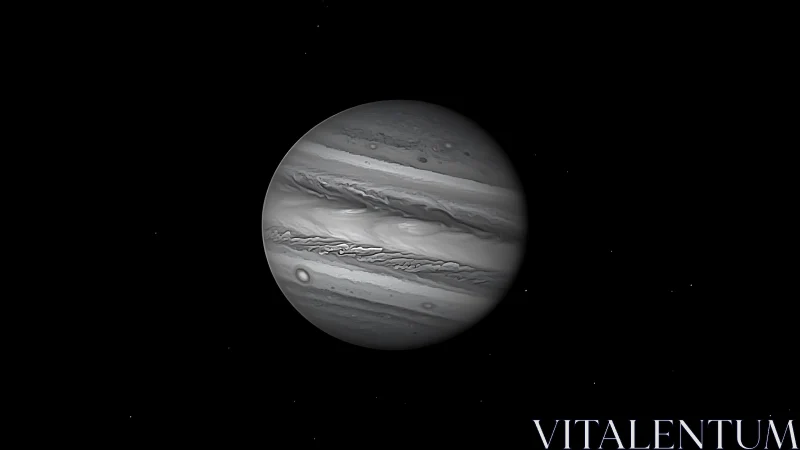 Monochrome Jupiter with bands and storms in deep space.