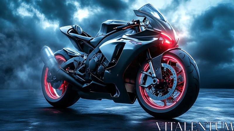 Cybernetic superbike on wet asphalt under storm-lit sky.