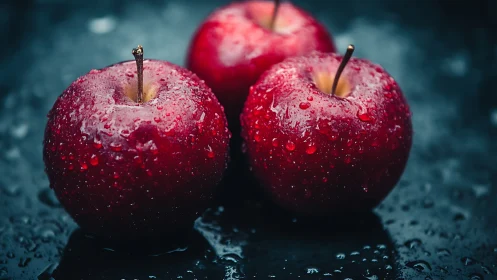 Three wet red apples rest on dark reflective surface