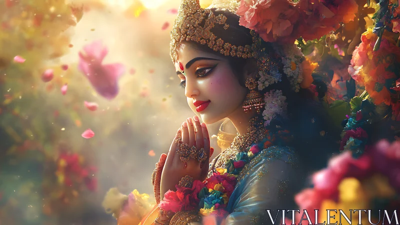 Divine goddess portrait amid radiant floral blossoms.