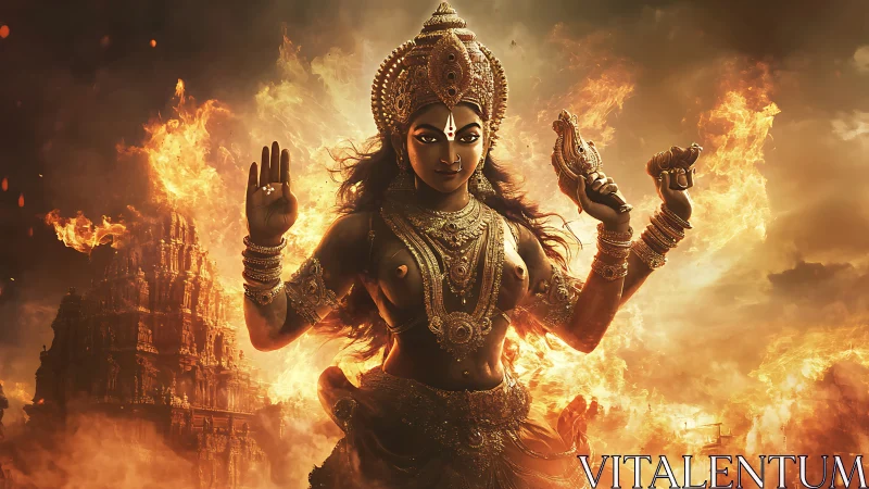 Fiery Hindu goddess figure rising before burning temple.