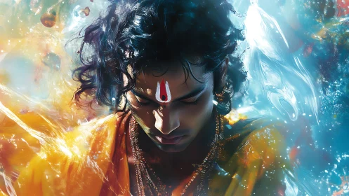 Mystic devotee adrift in swirling auroras of prayerful light.