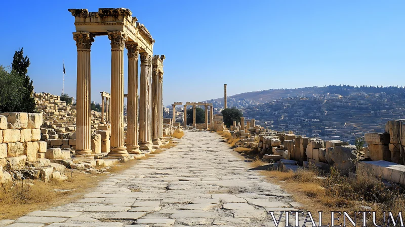Sunlit Roman colonnade lines ancient stone city street.