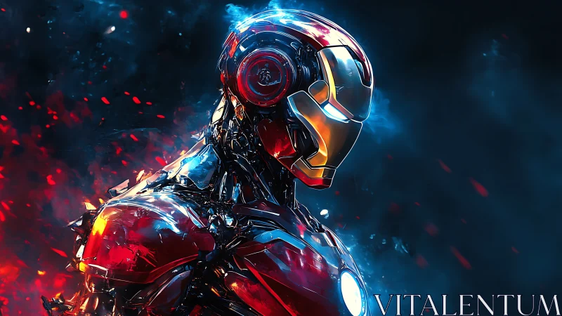 Futuristic red armor hero glowing in swirling cosmic sparks.