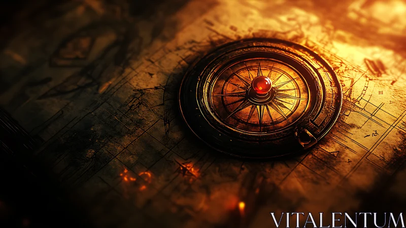 Bronze star-compass hums quietly above a burning map