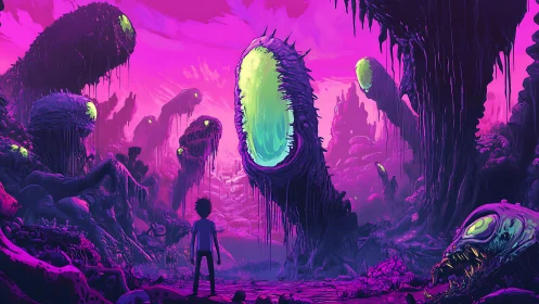 Bioluminescent alien valley with lone silhouetted explorer.