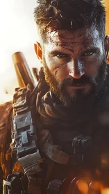 Battle-hardened soldier in tactical gear under harsh light.