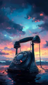 Surreal rotary phone stands alone in a glowing ocean dusk