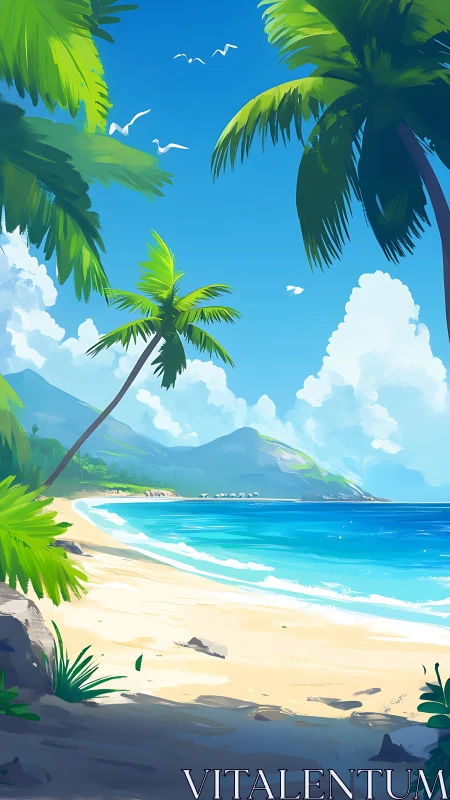 Tropical Coastal Landscape with Palms and Turquoise Waters.