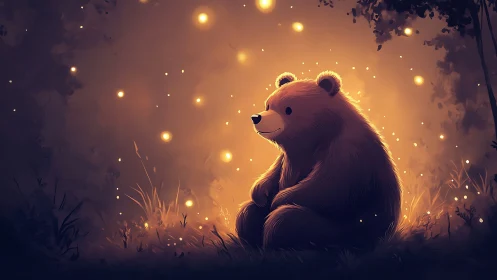 Gentle forest bear illuminated by glowing fireflies at dusk.