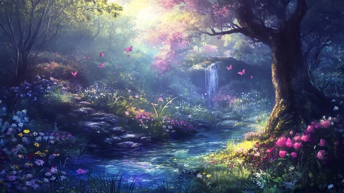 Enchanted forest glade channels ethereal backlit waterfall scene