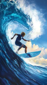 Dynamic surfer carving inside a luminous curling wave barrel