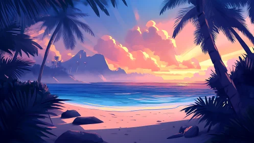 Tropical Beach at Sunset with Mountain and Palm Trees