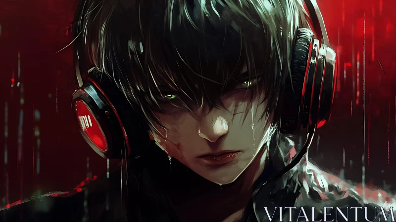 Dark-haired headphone user stares forward in red lighting