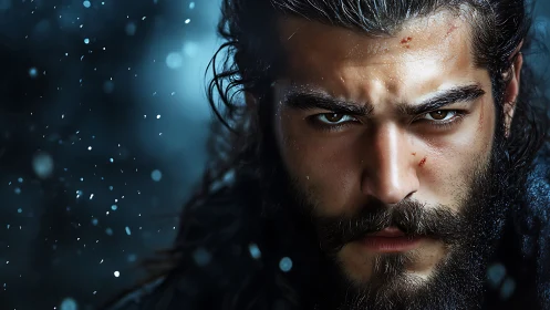 Photorealistic warrior close-up in cinematic snow field portrait.