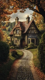 Autumn-lit cobblestone path to rustic half-timbered cottage