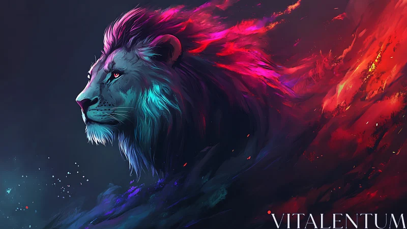 Starlit neon lion blazing through cosmic twilight storm.