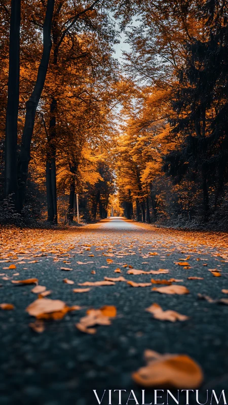 Tree-lined autumn road recedes under scattered fallen leaves