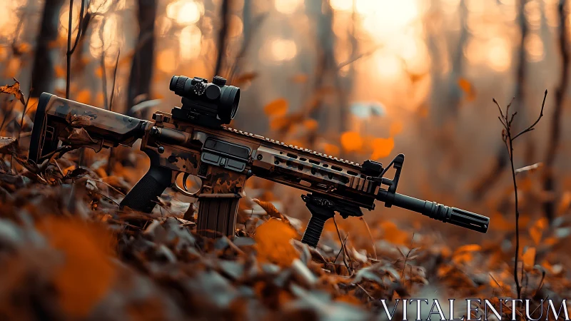 Photorealistic tactical rifle amid autumn woodland bokeh field.
