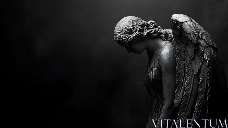 Somber stone angel against dark empty negative space.