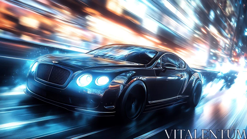 Midnight luxury coupe racing through neon urban velocity.