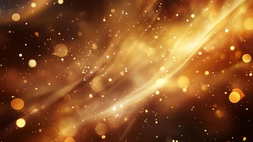 Golden abstract bokeh lights swirl in a dreamy, festive background.