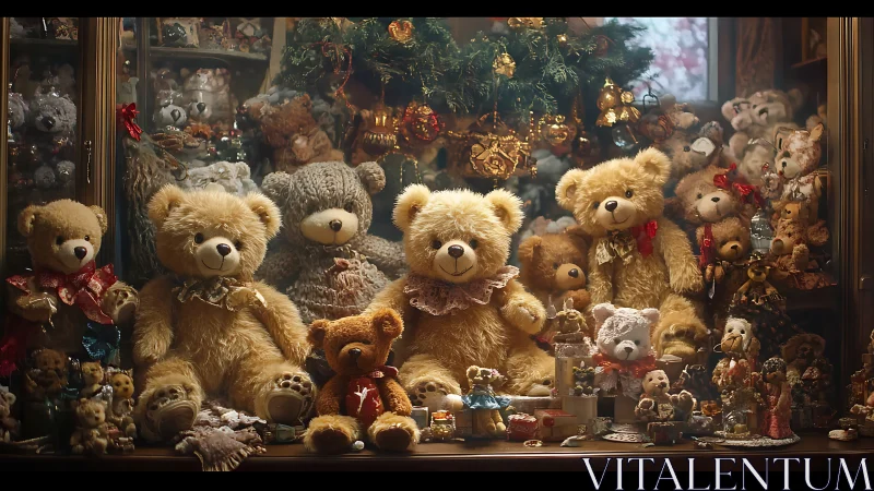 Vintage teddy bear collection under warm festive lights.