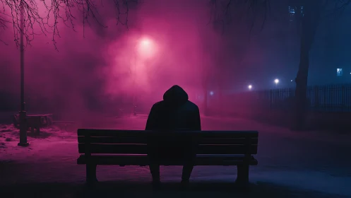 Solitary figure sits in neon mist beneath a quiet streetlamp