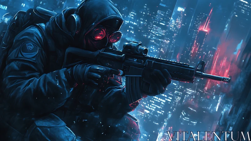 Midnight urban sniper waits in a neon soaked cyber city