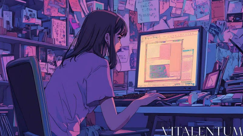 Night coder immersed in glowing screen within cluttered studio